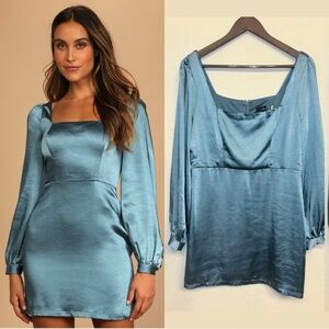 Size L - NWOT Lulus Got The Love Slate Blue Satin‎ Square-Neck Mini Dress